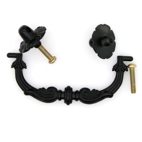 Six Pcs Vintage Black Drawer Pulls Handles Metal Bail Pulls showing one handle and two screws, zinc alloy with anti rust finish