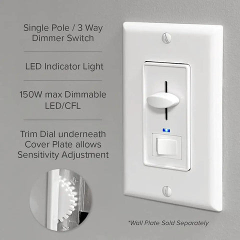 Must Have Dimmer Light Switch With Blue Indicator LED When Load Is Off, 3 Way Or Single Pole Dimmer, 600 Watt Max, LED Compatible