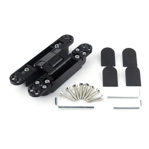 Top Tier Six Inch Hidden Door Hinges With Dead Simple Three Dimensional Tuning And Workhorse Zinc Alloy Build For Smooth Heavy Duty Swings On Flush Panels Up To Forty Four Pounds Load, complete with screws and accessories.