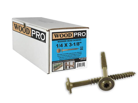Box and two Washer Head Exterior Wood Screws 1/4-Inch By 3-1/8-Inch, Torx T25 Star Drive, PPG Golden E-Coat