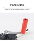 Close-up of Portable Hand Crank BBQ Air Blower manual crank handle in red, showcasing its folding design for easy use.
