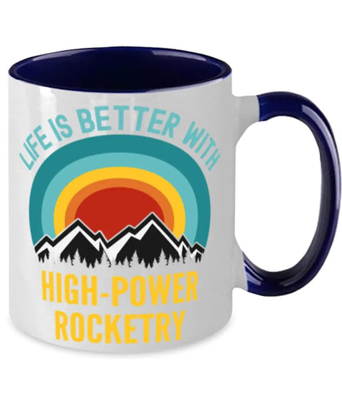 Two Tone High Power Rocketry Coffee Mug 11oz Blue For Everyday Sips And Gift Ready Vibes featuring a colorful rocket design