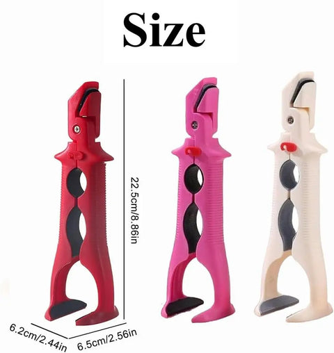 Heavy Duty 3 In 1 Kitchen Lift Tool With Sure Fire Non Slip Heat Safe Grip For Holding Bowls Casseroles Pot Lids And Bottle Caps Quick Mixing Sidekick And Serving Essential In Bright Red, shown with size dimensions.