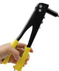 Heavy Duty Riveter Set With Pop Rivet Gun And 120 Piece Blind Rivets Assortment for Metal DIY Projects Pro Grade tool in hand close-up.