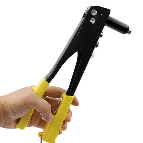 Heavy Duty Riveter Set With Pop Rivet Gun And 120 Piece Blind Rivets Assortment for Metal DIY Projects Pro Grade tool in hand close-up.