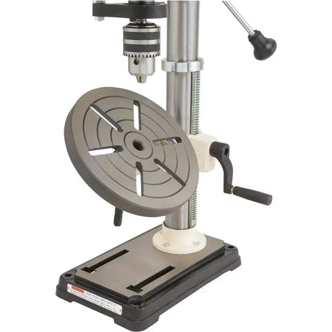 No-Fuss Shop Floor Beast Benchtop Radial Drill Press featuring a metallic chuck and flat base for drilling precision.