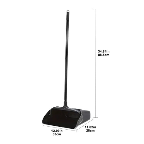 Heavy Duty Upright Standing Dustpan Built Different Tight Pivoting Base for effortless sweeping, 34.84in tall, sturdy black design.