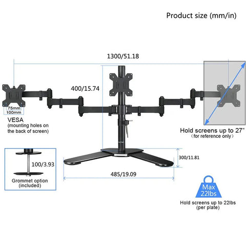 Straight Up Heavy Duty Triple Monitor Stand With 360 Degree Full Motion Arms For 10 To 24 Inch Screens dimensions diagram