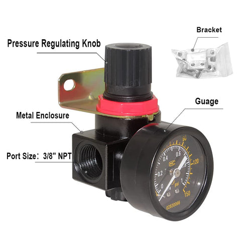 3/8 NPT Air Compressor Regulator Combo With Manual Drain And Bracket PSI Gauge, lightweight regulator with pressure knob and gauge