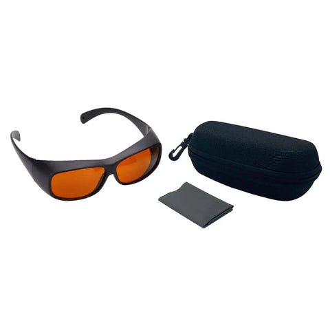 Professional Grade Kickass Laser Safety Glasses With Hella Od5 Plus Eye Defense Across One Hundred Ninety To Eleven Hundred Nanometer Wavelength Range For Spa Studios And Beauty Clinics In Classic Orange Lens with carrying case and cleaning cloth.