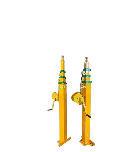 Crank It Up Whenever You Need Extra Height Using This Legit Manual Telescopic Lifting Mast with two yellow poles and crank mechanism.