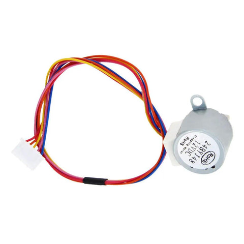 Micro DC 12V 24BYJ48 Gear Motor With Compact 19x24mm Gearbox showing wiring and label