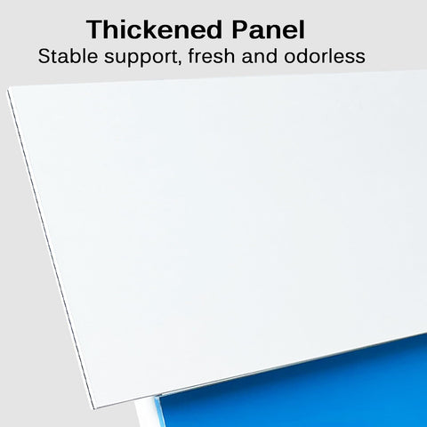 Thickened panel detail of Grab This Game Changing Folding Computer Desk Featuring Heavy Duty Steel Frame And Scratch Resistant Top For Super Convenient Mobile Office Workstations In Bright Blue Color.