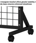Close-up of floor standing gridwall display rack on wheels with hooks and T base heavy duty rolling metal grid wall panel