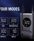 Portable Digital Tire Inflator Pump For Toyota Rav4 Ev With Bright Led Work Lamp And Auto Shutoff, Compact Air Compressor showing four modes with pressure readings.