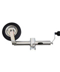 Heavy Duty Swivel Trailer Jack Wheel With Foldable 48mm Stand And Rustproof Galvanized Finish For Off Road Trailers And Beach Rigs No Sweat Pipe Clamp Setup, showing top view with wheel and handle.