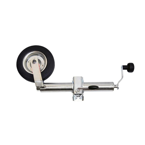 Heavy Duty Swivel Trailer Jack Wheel With Foldable 48mm Stand And Rustproof Galvanized Finish For Off Road Trailers And Beach Rigs No Sweat Pipe Clamp Setup, showing top view with wheel and handle.