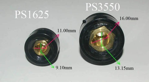 Close-up of 315Amp Dinse Style TIG Welding Cable Panel Connector Plug And Socket Set DKJ35-50 DKZ35-50 sizes PS1625 and PS3550