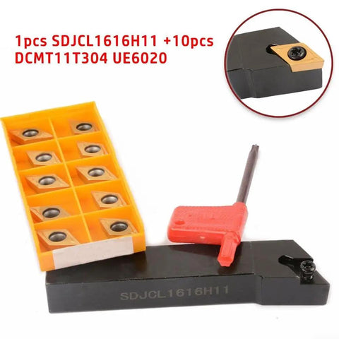 Top Tier Alloy Steel SDJCL1616H11 Lathe Turning Tool Holder with DCMT11T304 Inserts displayed with 10 inserts and tool wrench.