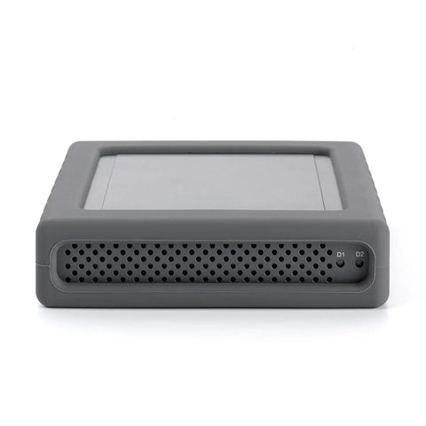 Kickass Dual Bay USB C Enclosure For Two Point Five Inch SATA Drives featuring grey casing and vented front for airflow.