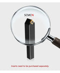Premium Indexable Carbide Lathe Tool Bar With SCMCN2020K09 Insert under magnifying glass, showing detailed cutting edge.