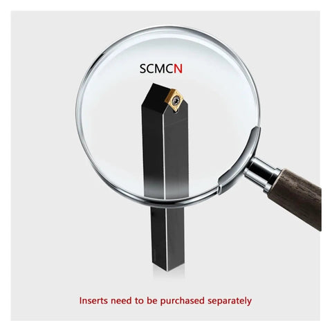 Premium Indexable Carbide Lathe Tool Bar With SCMCN2020K09 Insert under magnifying glass, showing detailed cutting edge.