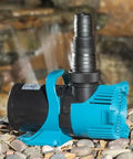 Side view of submersible pond pump, teal and black, 3000 GPH for ponds, waterfalls, fountains