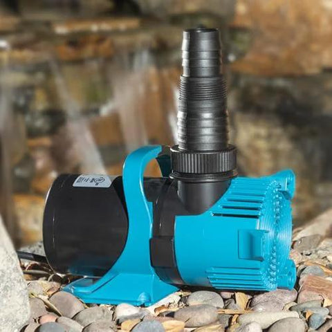Side view of submersible pond pump, teal and black, 3000 GPH for ponds, waterfalls, fountains