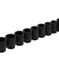 Fresh Nine Piece Deep Impact Wrench Socket Kit For Tough Auto Jobs With High Torque Rating And Etched Size Markings For Quick Easy Grip On Cars And Trucks Today, black deep impact sockets 1/8 to 1-1/4 in