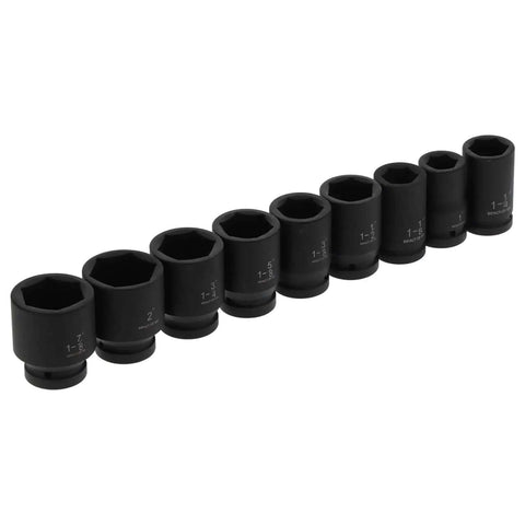 Fresh Nine Piece Deep Impact Wrench Socket Kit For Tough Auto Jobs With High Torque Rating And Etched Size Markings For Quick Easy Grip On Cars And Trucks Today, black deep impact sockets 1/8 to 1-1/4 in