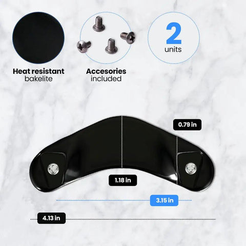 Two Pack Replacement Handles For AMC Cookware Classic Pots Black Handles With Screws And Washers features and dimensions.