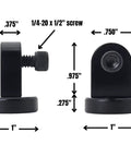 Side and front views of a miniature magnetic base for dial indicators, 1-1/4 in x 1 in, 40 lb holding power.
