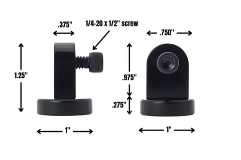Side and front views of a miniature magnetic base for dial indicators, 1-1/4 in x 1 in, 40 lb holding power.