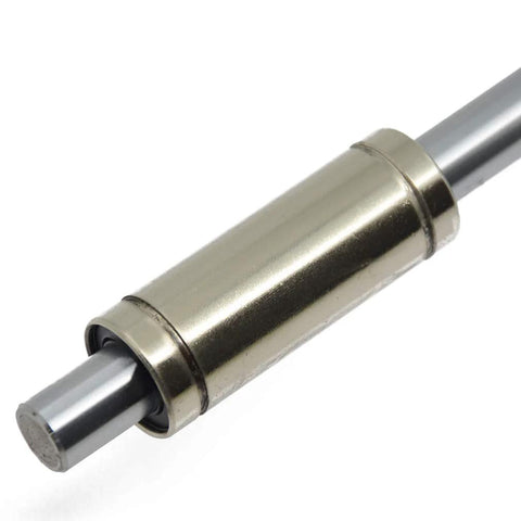 Close-up of nickel plated LM12LUU bearing on linear shaft