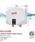 Mini Tankless Electric Water Heater 3.5kW 110 to 120V Point Of Use On Demand Instant Hot Water For Sink Wall Mounted With LED Display ETL Certified ET035 White showing dimensions and features