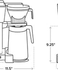 Diagram of No Fuss 40 Ounce Coffee Brewer With Precise Temperature Control showing side and front dimensions.