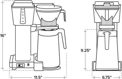 Diagram of No Fuss 40 Ounce Coffee Brewer With Precise Temperature Control showing side and front dimensions.