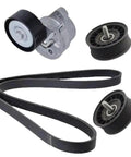 Premium Quality Drive Belt Tensioner Kit That Keeps Your Mercedes Benz Rolling Smooth Like Butter For W205 W212 W251 W222 W213 Engines M276 Plus Swap Out Old Parts With 2762000370 2762020119 0039935496 Ban That Grumpy Noise Once And Done. Drive belt tensioner kit with serpentine belt and pulleys on white background