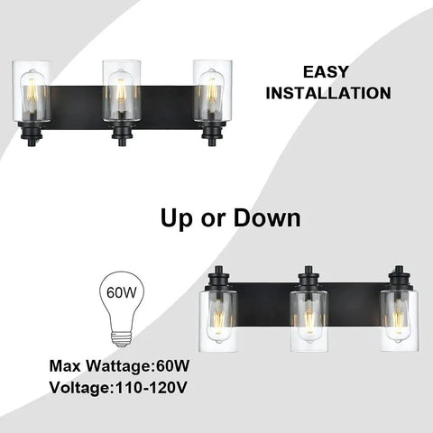 Three Head Vintage Bath Vanity Light Fixture In Matte Black With Clear Glass Shades Over Mirror Wall Mount Bathroom Lighting