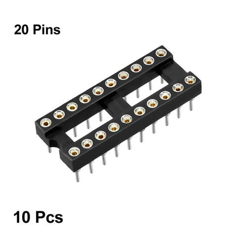 Close-up of 20-pin DIP IC Socket Adapter Kit For Through Hole Electronics 2.54mm Pitch 7.6mm spacing, 10 pack visible.