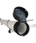 Open view of black conduit locking end cap set for schedule 40 PVC pipes showing interior and locking mechanism.