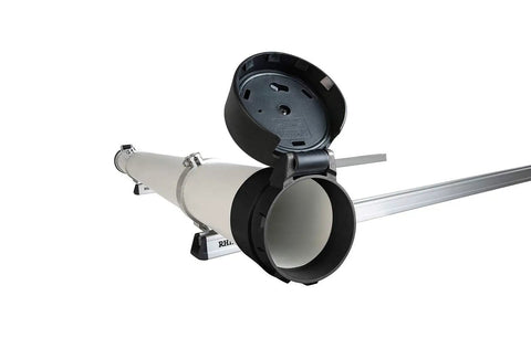 Open view of black conduit locking end cap set for schedule 40 PVC pipes showing interior and locking mechanism.