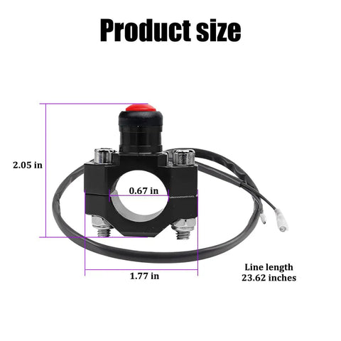 Slick CNC Universal Motorcycle Kill Switch Toggle dimensions showing 2.05in height and 1.77in width, with 23.62in wire.