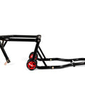 Side view of Front Headlift Stand for Motorcycle With Triple Tree Pins, four wheels, black frame, red wheels, for front wheel lift.