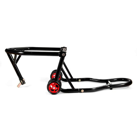 Side view of Front Headlift Stand for Motorcycle With Triple Tree Pins, four wheels, black frame, red wheels, for front wheel lift.