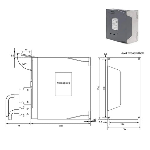 Rugged 1.5 Kw AC Servo Motor Package With Snappy Drive Controller And Ten Meter Wiring Harness schematic showing dimensions and ports.
