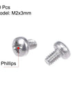 Pro Grade M2x3mm Pan Head Machine Screws With Phillips Cross Drive Made From 304 Stainless Steel, two silver screws displayed.
