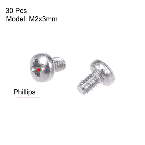 Pro Grade M2x3mm Pan Head Machine Screws With Phillips Cross Drive Made From 304 Stainless Steel, two silver screws displayed.