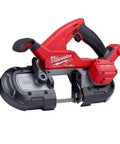 Ultra Light 18V Cordless Band Saw With Brushless Motor And Constant Power Tech Delivers The Fastest Cuts In Its Class For Portable Tough Jobs On The Jobsite, No Hype in a red and black design, side view