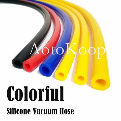 Colorful silicone vacuum hoses in black, red, blue, and yellow arranged in a curved pattern on white background. Text: AotoKoop.